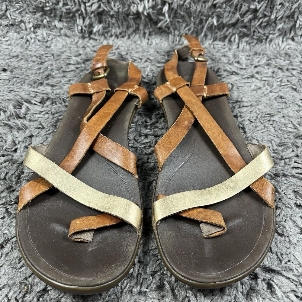 OluKai Upena Strappy Sandals Size 9 Brown Leather Flat Adjustable Ankle Strap